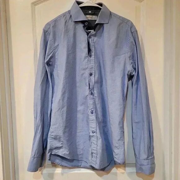 Ethan Williams Men's Blue w Polka-dot Cotton Dress Shirt EUC sz L Pit to pit 19 - Picture 2 of 8